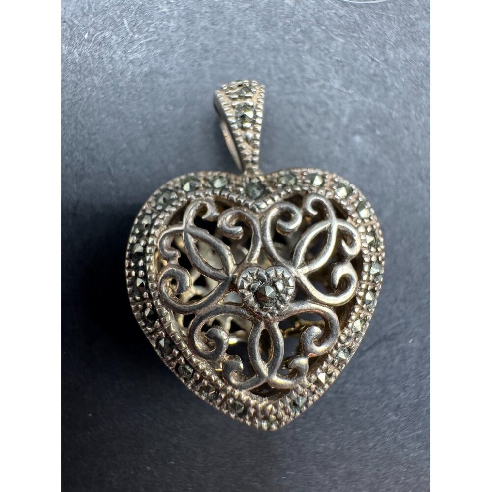 Vintage JC Signed Sterling Silver 925 Marcasite Heart Locket Pendant
